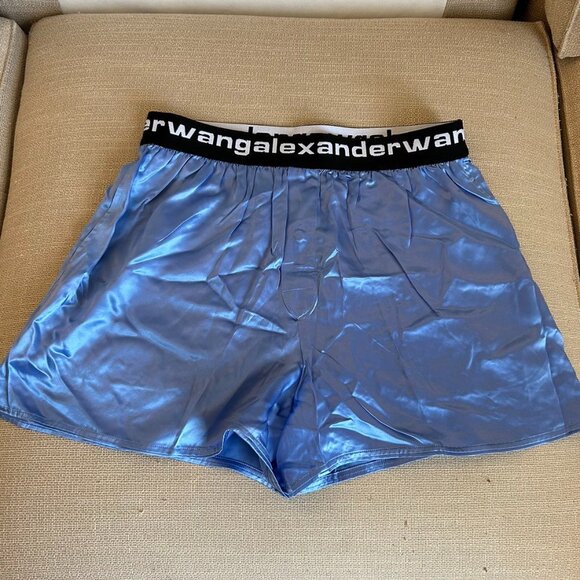 ✨ SALE NEW T by Alexander Wang Bermuda Boxer Silk Shorts Ocean Blue Logo Elastic - Picture 5 of 10